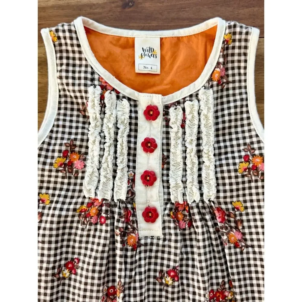 Wildflowers Girls Pocketful of Wonder Mayberry Dress 4 Brown Gingham Floral Lace